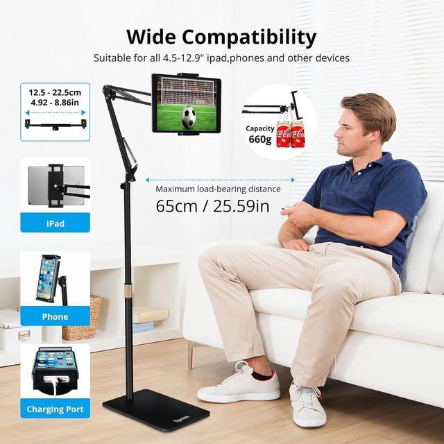 Alt view image 3 of 7 - Tablet Floor Stand Overhead Bed Phone Mount Height Adjustable Universal Metal Tablet Holder Phone Stand Compatible with iPad/iPhoneX/iPad Pro Phone Kindle 4.5-12.9 (Dark Black)
