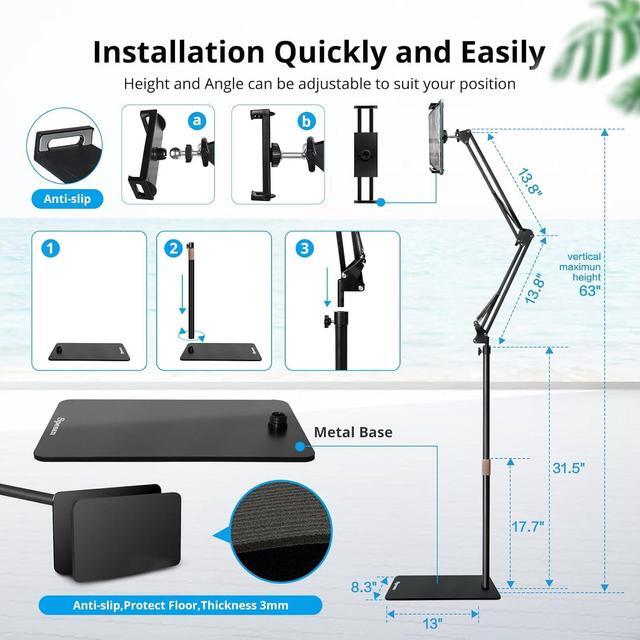 Alt view image 6 of 7 - Tablet Floor Stand Overhead Bed Phone Mount Height Adjustable Universal Metal Tablet Holder Phone Stand Compatible with iPad/iPhoneX/iPad Pro Phone Kindle 4.5-12.9 (Dark Black)