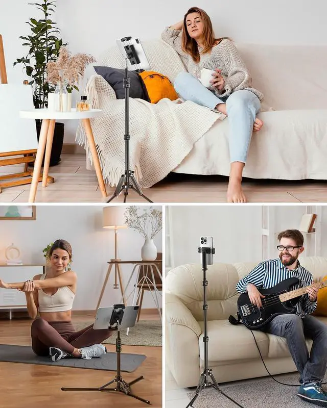 Alt view image 2 of 6 - Tablet Floor Tripod Stand-67 Tripod with Tablet Holder/Phone Holder Angle&Height Adjustable Aluminum Tripod for Video Recording Photos Vlog Compatible with3.5-13 Tablet iPad Pro iPhone 15