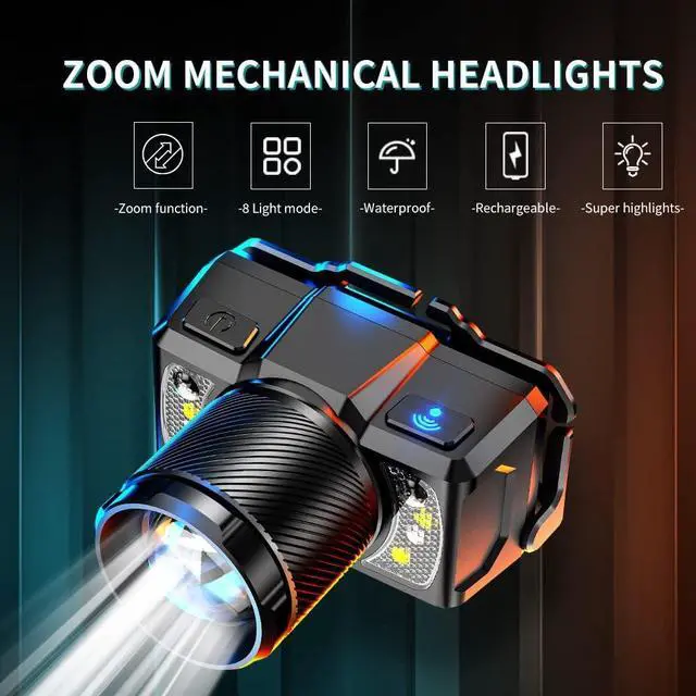 Alt view image 2 of 7 - Led headlamp High Lumen Super Bright headlamp Rechargeable Zoomable Head lamp Flashlight with Motion Sensor Hard Hat Light headlamps for Adults
