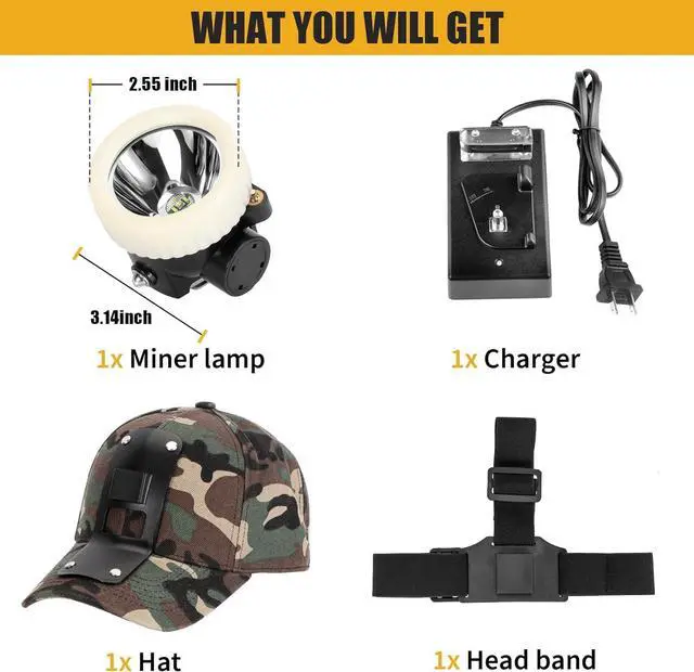 Alt view image 4 of 7 - Ultra-Bright LED Mining Headlamp Rechargeable Waterproof Hard Hat White Light Headlight Camouflage Miner Cap Included Durable Mining Light for Underground Work and Outdoor Adventures (White)