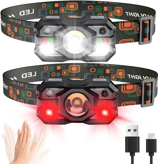 Main image of Headlamp Rechargeable 1200 Lumen Ultra Bright LED Head Lamp Flashlight with White Red Light Motion Sensor Waterproof Headlight 5 Modes Lights for Outdoor Camping Fishing Running (2 Pack)