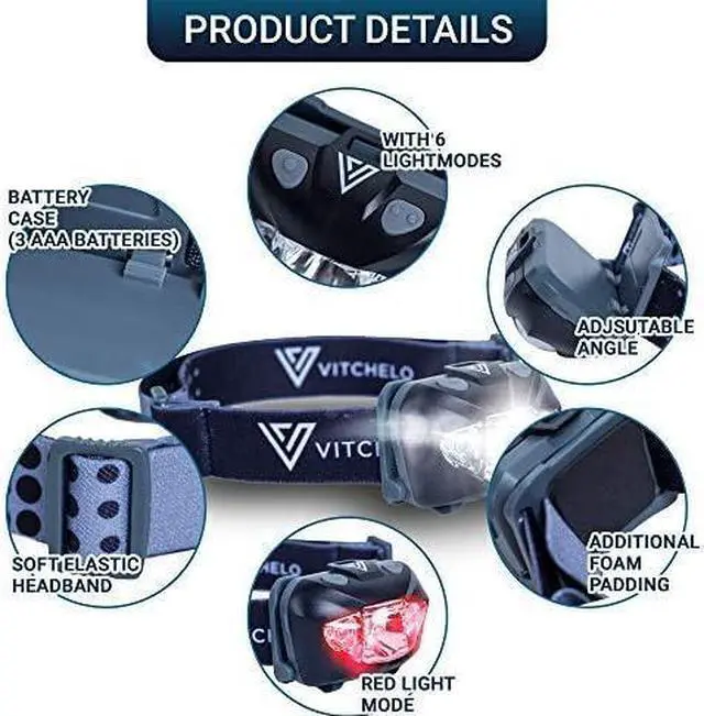 Alt view image 2 of 7 - Black Headlamp Flashlight - Red Safety Light - 6 Light Modes - Super Bright Waterproof Adjustable Head Light - 3 AAA Batteries - Running Jogging Camping Hiking Cycling - Kids Adults