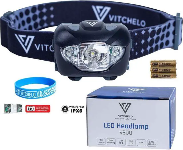 Main image of Black Headlamp Flashlight - Red Safety Light - 6 Light Modes - Super Bright Waterproof Adjustable Head Light - 3 AAA Batteries - Running Jogging Camping Hiking Cycling - Kids Adults