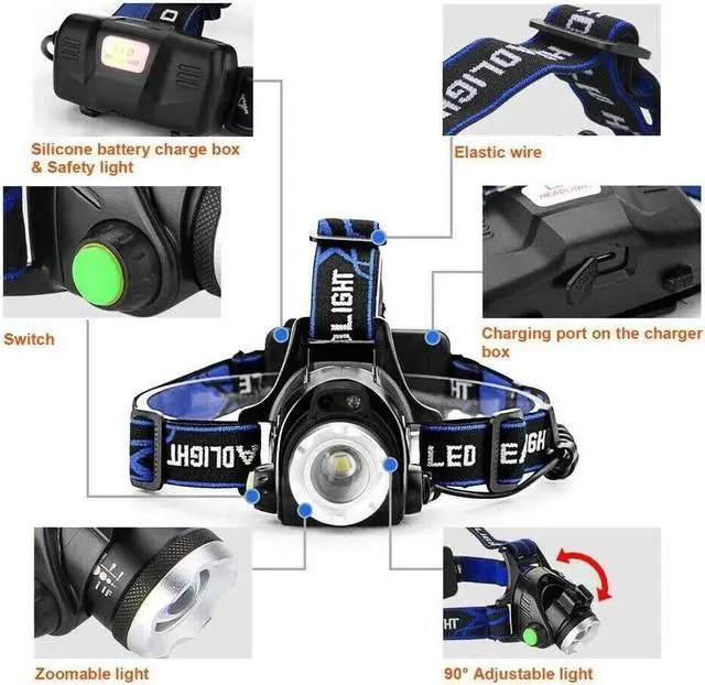 Alt view image 5 of 7 - Wrrozz LED Headlamp Head Flashlight Super Bright Tactical Rechargeable Head Lamp for Adults Waterproof Headlight for Outdoor Running Hunting Reading Hiking Camping Night Fishing