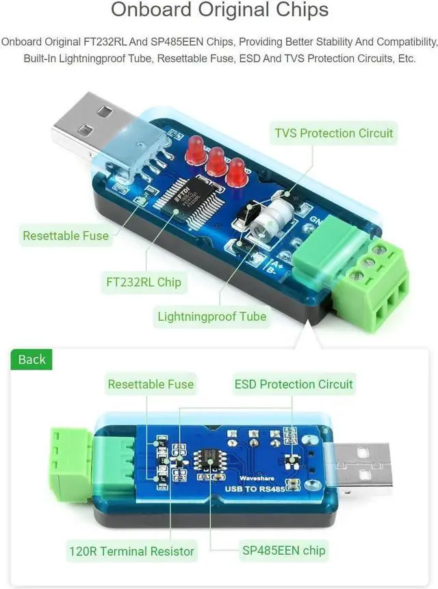 Alt view image 5 of 7 - 2PCS Waveshare Industrial USB to RS485 Converter with Original FT232RL and SP485EEN Embedded Protection Circuits for Industrial Control Equipments and/or Applications