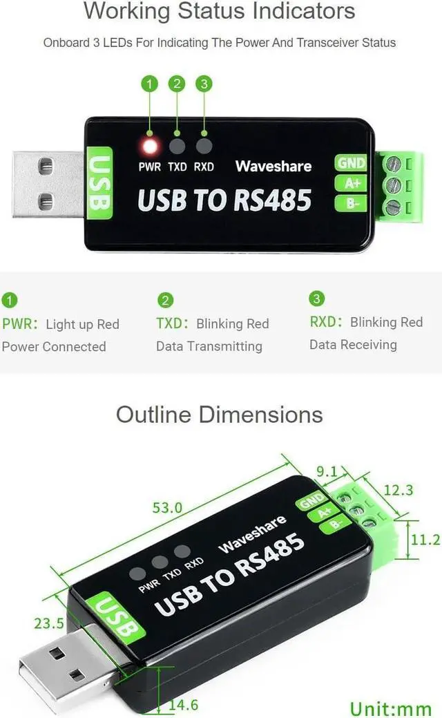 Alt view image 7 of 7 - 2PCS Waveshare Industrial USB to RS485 Converter with Original FT232RL and SP485EEN Embedded Protection Circuits for Industrial Control Equipments and/or Applications