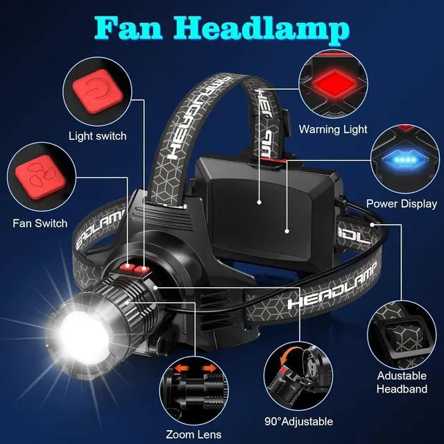 Alt view image 2 of 7 - LED Headlamp Rechargeable Super Bright Head Lamp Headlamp with Red Warning Lights Head Lights for Forehead Waterproof & Zoomable 90° Adjustable Headlamps for Camping Hiking Car Repair