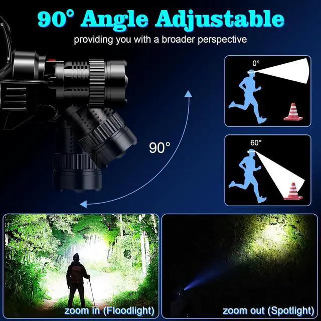 Alt view image 6 of 7 - LED Headlamp Rechargeable Super Bright Head Lamp Headlamp with Red Warning Lights Head Lights for Forehead Waterproof & Zoomable 90° Adjustable Headlamps for Camping Hiking Car Repair