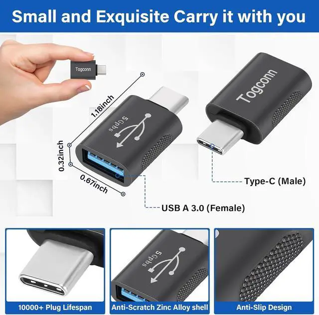 Alt view image 3 of 6 - USB-C to USB A Adapter (2 Pack) [Slim Design Side-by-Side Use] USB Type-C to A OTG Converter USB C (Male) to USB A 3.0 (Female) Connector for MacBook Pro iPhone 15 Galaxy S23 Zinc Alloy Shell