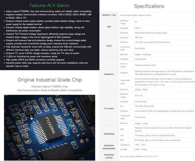 Alt view image 4 of 7 - FT232RNL USB to RS232/485/422/TTL Interface Converter Industrial Isolation