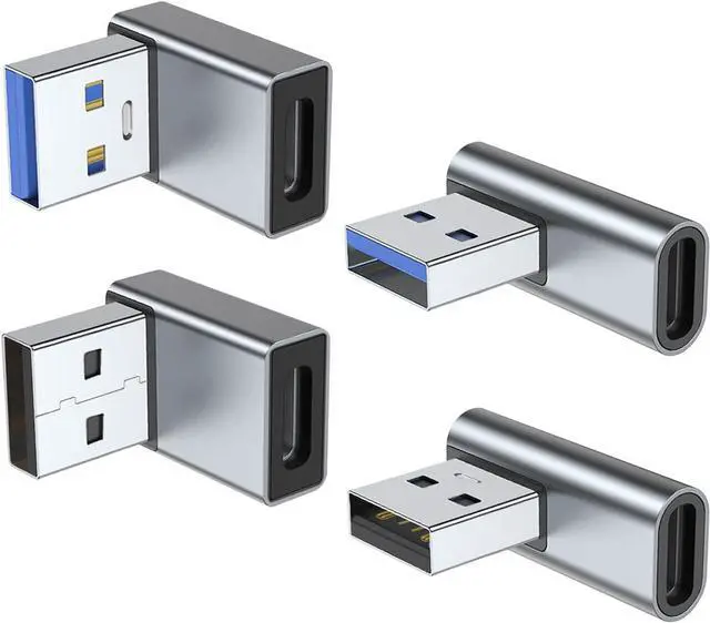 Main image of 90 Degree USB to USB C Adapter 4 Pack Up and Down Angle Left and Right Angle Type C Female to A Male Converter Extender for PC Laptop USB A Charger Power Bank and More (Grey)