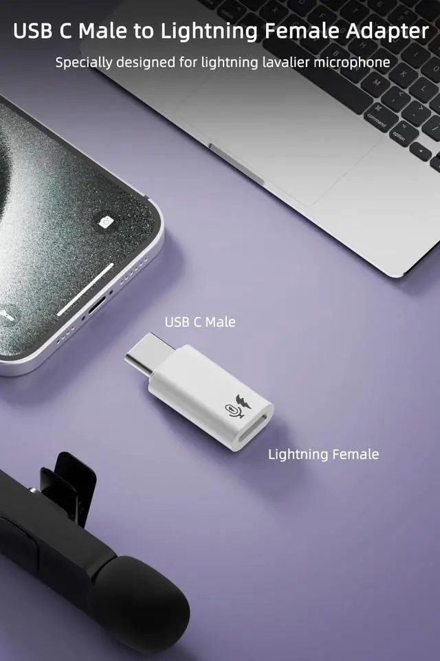 Alt view image 5 of 6 - 2 Pack USB C to Lavalier Microphone Adapter Type C Male Converter for iPhone Wireless Lavalier Microphone iPhone 16/15 Series iPad Air/Pro Not for Headphone and Data