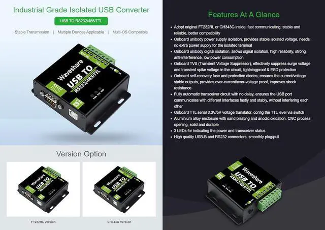 Alt view image 3 of 7 - Waveshare CH343G USB to RS232/485/TTL Interface Industrial Isolated Converter Protection Circuits and Aluminium Alloy Enclosure for Industrial Control Equipments