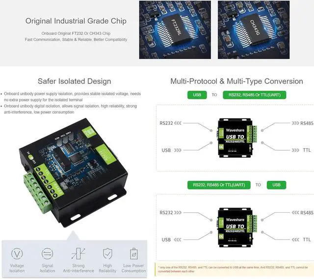 Alt view image 5 of 7 - Waveshare CH343G USB to RS232/485/TTL Interface Industrial Isolated Converter Protection Circuits and Aluminium Alloy Enclosure for Industrial Control Equipments