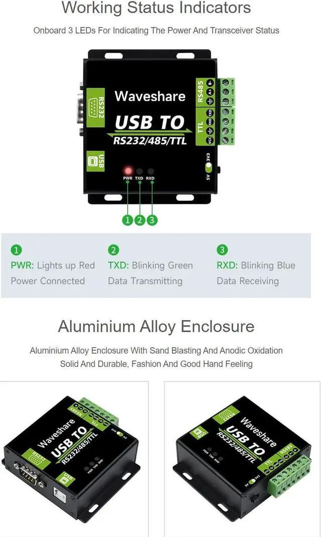 Alt view image 7 of 7 - Waveshare CH343G USB to RS232/485/TTL Interface Industrial Isolated Converter Protection Circuits and Aluminium Alloy Enclosure for Industrial Control Equipments