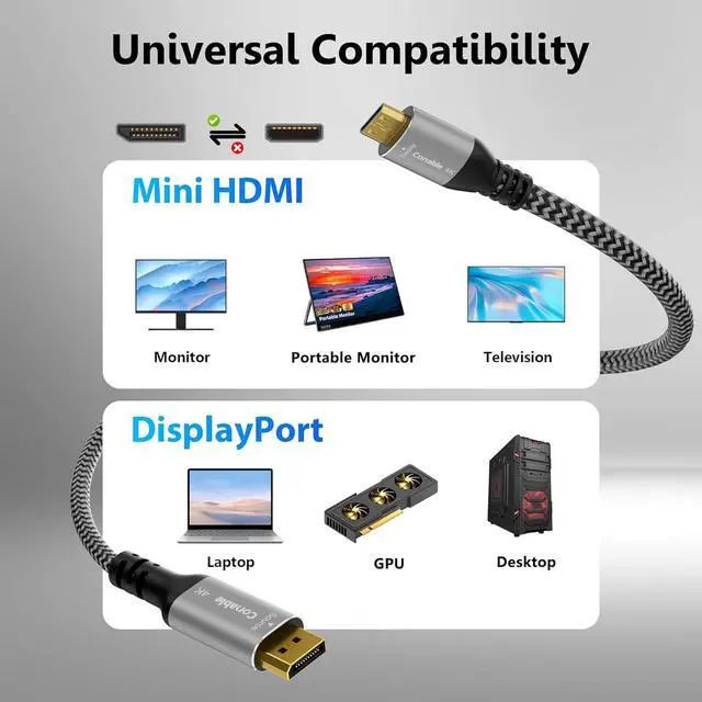Alt view image 7 of 7 - 4K DisplayPort to Mini HDMI Cable 10FT, Uni-Directional DP to Mini HDMI Cable. Supports 4K@60Hz, 2K@120Hz, Video UHD, Nylon Braided, for Desktop, AMD, NVIDIA, KYY, ARZOPA, VILVA, MNN, Portable Monitor