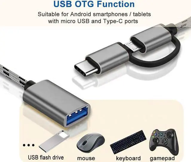 Alt view image 4 of 7 - 2-in-1 USB C/Micro USB to USB Adapter USB to USB C OTG Adapter Cable Compatible with Samsung Galaxy S21 S22 S23 Note 20/10 A53 Google Pixel and More Android Devices Gray