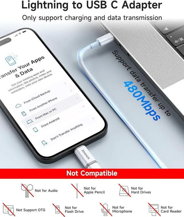 Alt view image 5 of 7 - 2 Pack Lightning to USB C Adapter for iPhone 16/16 Pro/16 Pro Max/16 Plus/15/15 Pro/15 Pro Max/15 Plus Samsung iPad Air Support Fast Charging & Data Transfer Not for Headphones/Audio/OTG