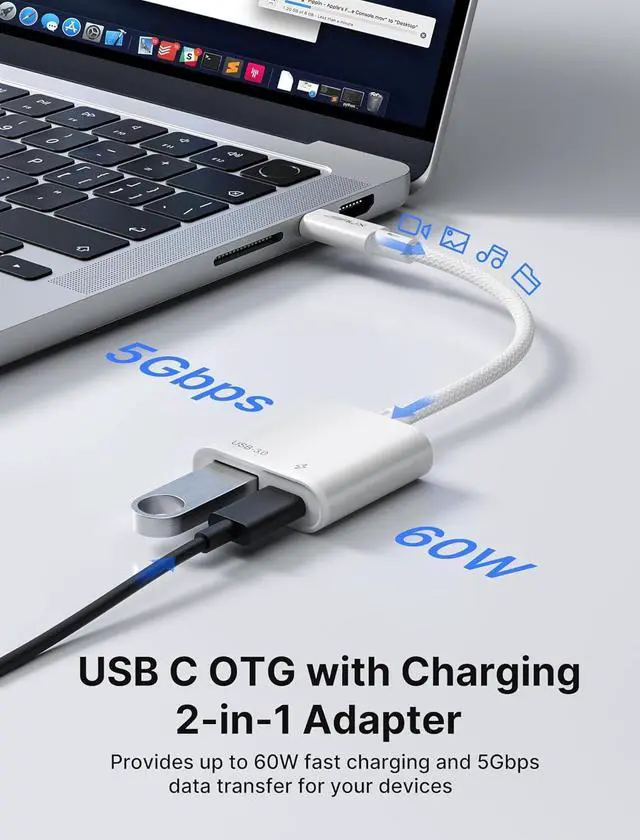 Alt view image 2 of 7 - USB C to USB OTG and Charger Adapter 2-in-1 USB C OTG Splitter with PD 60W Fast Charging Cable Compatible with Chromecast Google TV iPhone 15 Pro Max MacBook Pro Air Galaxy S24/S23 Pixel 7