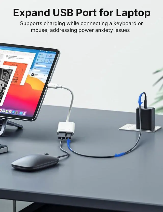 Alt view image 4 of 7 - USB C to USB OTG and Charger Adapter 2-in-1 USB C OTG Splitter with PD 60W Fast Charging Cable Compatible with Chromecast Google TV iPhone 15 Pro Max MacBook Pro Air Galaxy S24/S23 Pixel 7