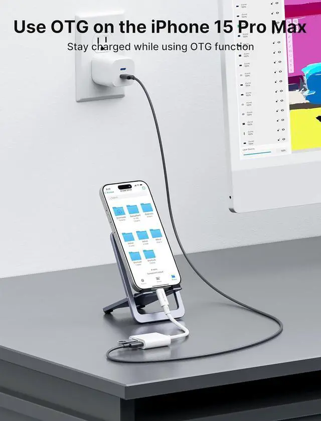 Alt view image 7 of 7 - USB C to USB OTG and Charger Adapter 2-in-1 USB C OTG Splitter with PD 60W Fast Charging Cable Compatible with Chromecast Google TV iPhone 15 Pro Max MacBook Pro Air Galaxy S24/S23 Pixel 7