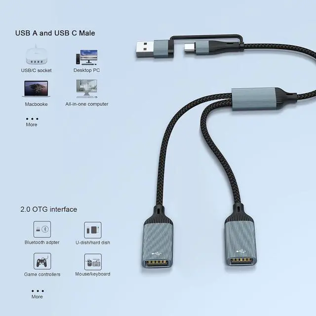 Alt view image 2 of 7 - USB/Typec Male to 2 USB Female Cord Converter USBC Splitter Y Cable(12 inch Long) Cell Phones OTG Adapter Usb C to Usb Adapter for Mac Xbox One Series X/S Cell Phone PS5 Lapt (NOT for Monitor).