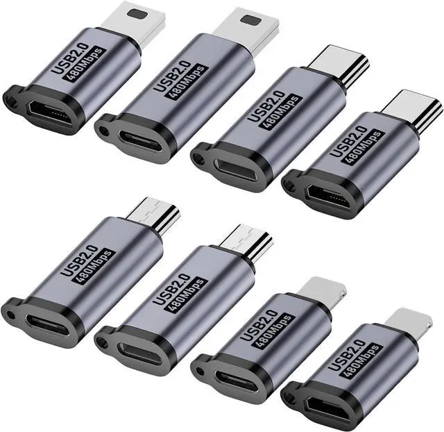 Main image of USB C/Lighting to Micro USB Adapter Type C/Micro USB to Lighting Converter Micro USB/Lighting to USB C Extender USB C/Micro USB to Mini USB Connector (8 Pack)