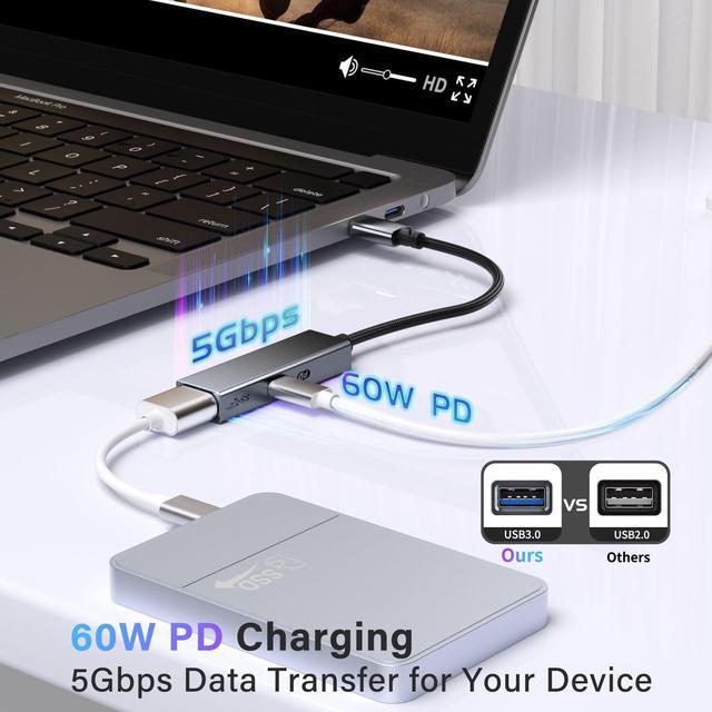 Alt view image 3 of 7 - USB C OTG Adapter with Power 2 in 1 USB C to USB 3.0 OTG with 60W PD Charging Adapter Compatible with iPhone 15/15 Pro iPad Pro MacBook Pro/Air Galaxy S24/S23 Chromecast with Google TV Pixel 8