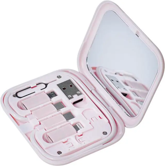 Main image of USB C to C Cable 11.3 with 3 OTG Adapters Type C Female to USB A/Micro/iOS Device Male in Pocket Mirror Case Pink