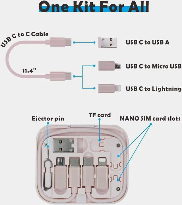 Alt view image 2 of 6 - USB C to C Cable 11.3 with 3 OTG Adapters Type C Female to USB A/Micro/iOS Device Male in Pocket Mirror Case Pink