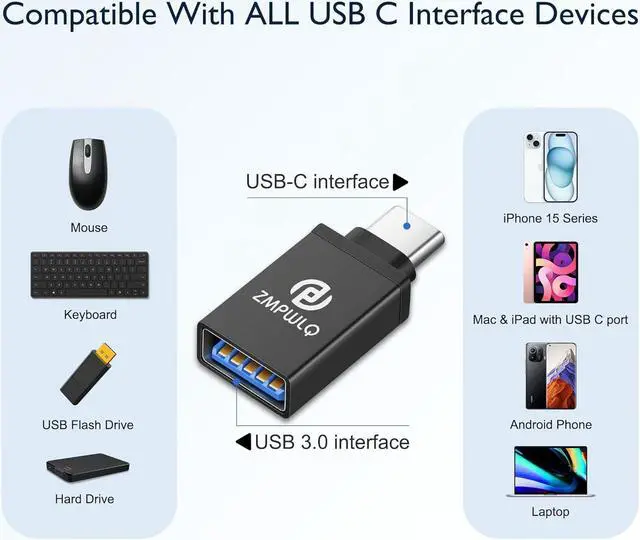 Alt view image 2 of 7 - USB to-USB-C-Adapter 2 Pack USB 3.0 to USB Type C Adapter OTG-Charger-Cable-Converter 5Gbps High-Speed USB 3.0 for iPhone 15 Series iPad Mini Pro MacBook Pro Air Android Phone