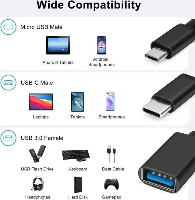 Alt view image 2 of 7 - 2-in-1 USB OTG Adapters - USB to Micro/Type C Adapter/Cable 2pack Compatible with Android MacBook Pro Samsung and More