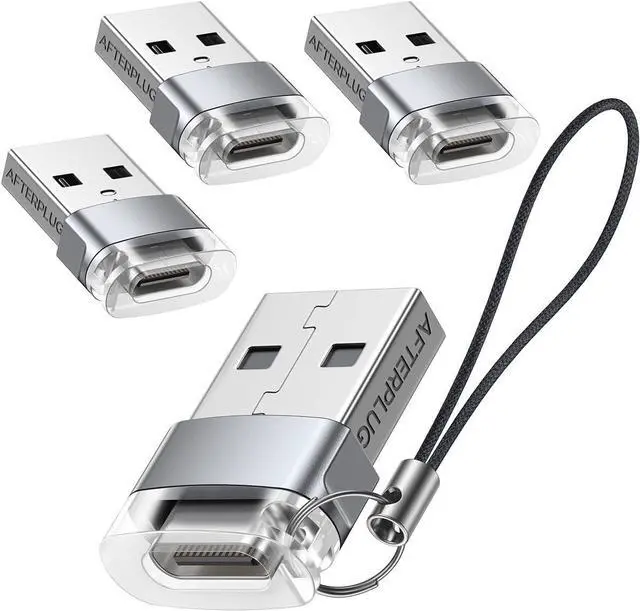 Main image of Afterplug USB to USB-C Adapter (4-Pack with Lanyards) USB-A Male to Type C Female Charger Converter OTG Two-Tone Design for iPhone Samsung Galaxy Phones laptops Apple Watch AirPods and More