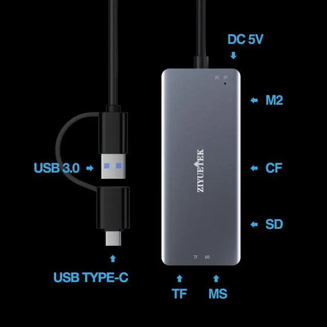 Alt view image 2 of 7 - USB C USB3.0 SD Card Reader 5in1 Multi Card Reader for SD/TF/CF/Micro SD/MS/M2 Drive Free for iPhone 15 pro max/Windows/Mac/Linux/Android (USB3.0 and Type-C)