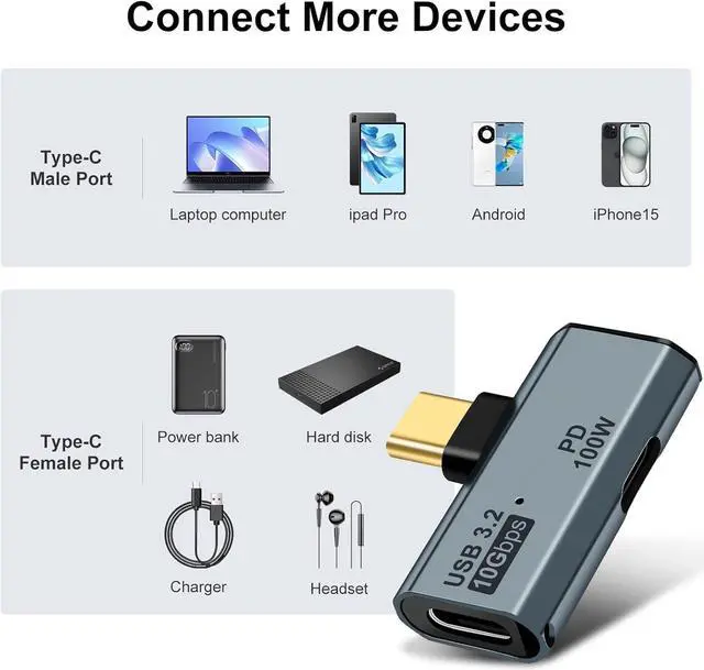 Alt view image 6 of 7 - USB C OTG Adapter Type C 100W PD Charging USB C to Dual USB C Splitter for iPhone 15 Pro Max Google TV Chromecast 2020 MacBook Samsung Galaxy S22/S23(Gray)