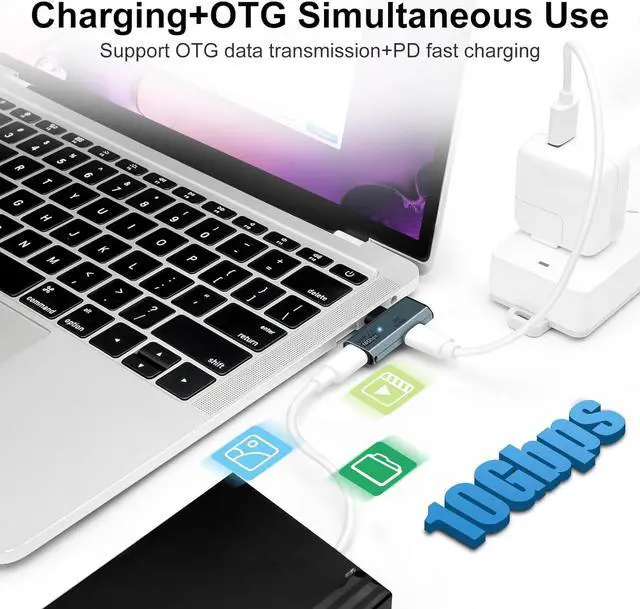 Alt view image 3 of 7 - USB C OTG Adapter Type C 100W PD Charging USB C to Dual USB C Splitter for iPhone 15 Pro Max Google TV Chromecast 2020 MacBook Samsung Galaxy S22/S23(Gray)