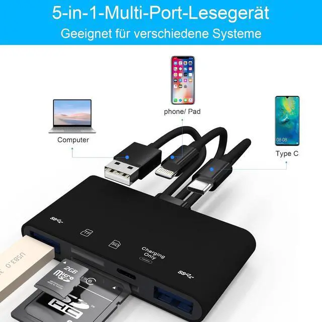 Alt view image 6 of 7 - 5-in-1 SD Card Reader for i-Phone Memory Card Reader&USB OTG Adapter USB C and USB A Devices with Micro SD & SD Card Slots Supports SD/Micro SD/SDHC/SDXC/MMC