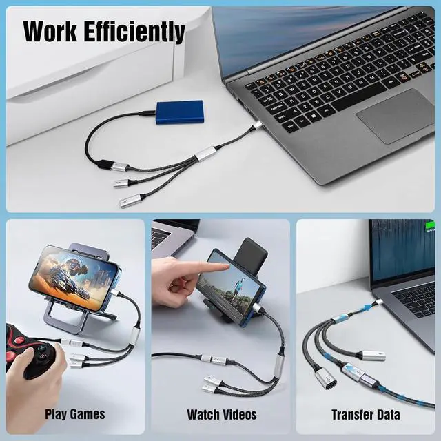 Alt view image 4 of 7 - USB C Splitter Cable USB C Male to 3 USB C Female Adapter with Fast Charging Data Transfer 3 in 1 OTG Type C Cord Converter for iPhone 15/16/Pro/Pro Max/Plus iPad Pro/Air Mac Samsung