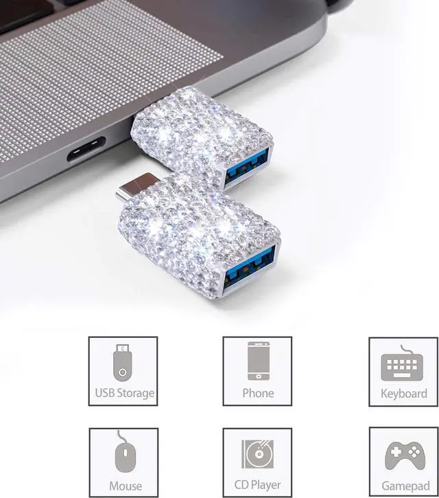 Alt view image 5 of 5 - USB C Male to USB 3.0 Female Adapter 2Pack Type C to USB A 3.0 OTG Adapter Bling Bling Rhinestone Diamond Decors Compatible for Devices has USB C