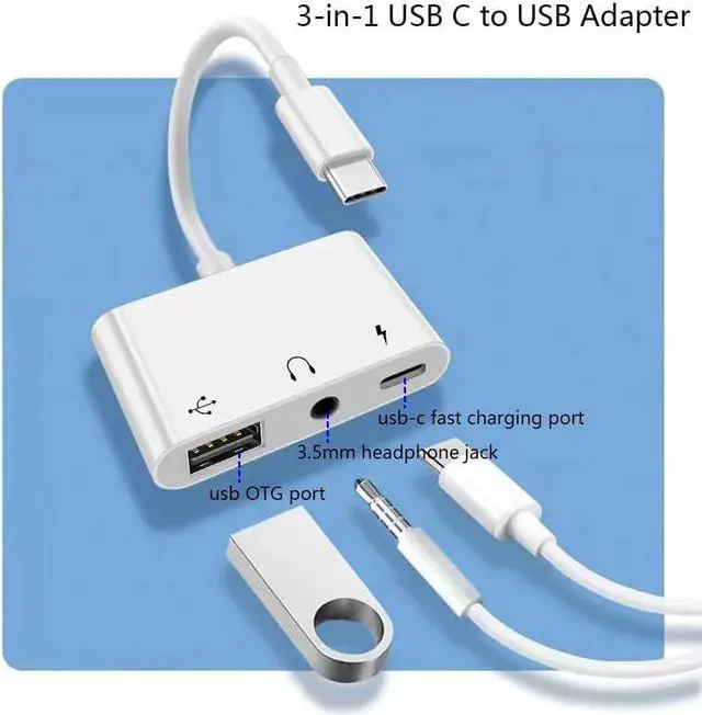 Alt view image 5 of 7 - USB C to USB Adapter Headphones 3.5mm 3 in 1 USB-C Fast Charging Adapter Super Speed Data Transfer Charging up to 60W
