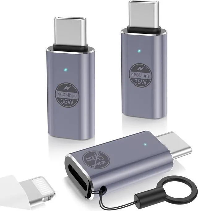 Main image of 3 Pack Lightning to USB C Adapter for iPhone 15/15 Pro/15 Pro Max/15 Plus 35W Fast Charging & Data Transfer Space Gray with 3 Anti-Loss Straps Not for Audio/OTG
