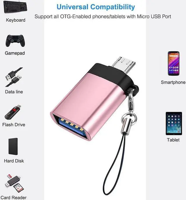 Alt view image 6 of 7 - Micro USB to USB 3.0 Adapter (2 Pack) with Lanyard Micro USB Male to USB-A Female OTG Adapter Compatible with S7 S6 OTG Micro Devices Flash Drive Keyboard (Rose Gold)