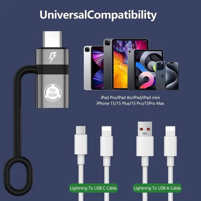 Alt view image 2 of 7 - USB C to Li-gh-tning Adapter PD60W Fast Charging and Data USB C Plug to i-O-S Female Adapter Compatible with Phone 15/15 Plus/15 Pro Max Does not Support Headphone and OTG Functions Gray