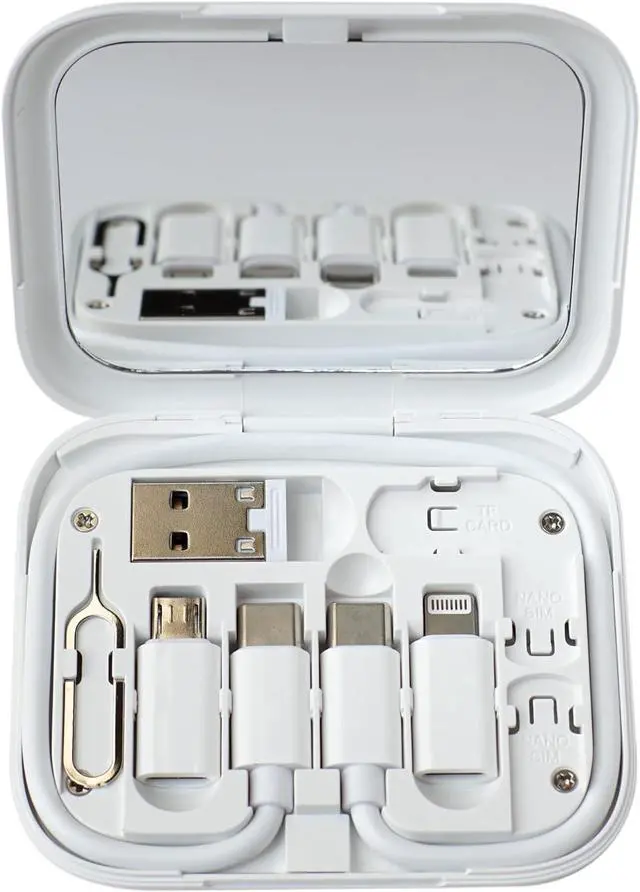 Main image of USB C to C Charging/Data Transfer Cable with Type C to Micro/iOS/USB A adapters OTG in Pocket Box with Makeup Mirror White