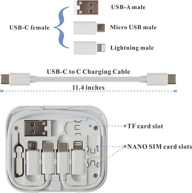 Alt view image 2 of 6 - USB C to C Charging/Data Transfer Cable with Type C to Micro/iOS/USB A adapters OTG in Pocket Box with Makeup Mirror White