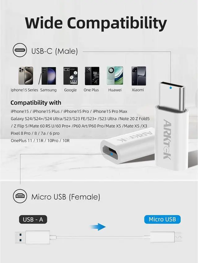 Alt view image 2 of 7 - 6 Pack USB-C Male Micro USB Female Adapter Type C Adapter Fast Data Transfer & Charging Universal Compatible for iPhone 16 15 Pro/16 15 Plus for AirPods 4 Galaxy S24/Note 20 Pixel 9 (White)