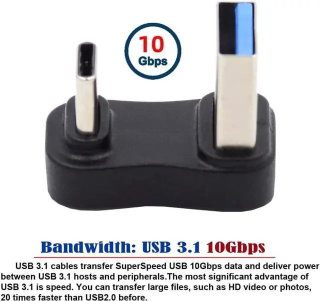 Alt view image 3 of 7 - USB3.0 Type A Male to USB 3.1 Type C Male Data 10Gbps Up Opposite U Shape Back Angled Charge Adapter 90 Degree for Laptop Phone