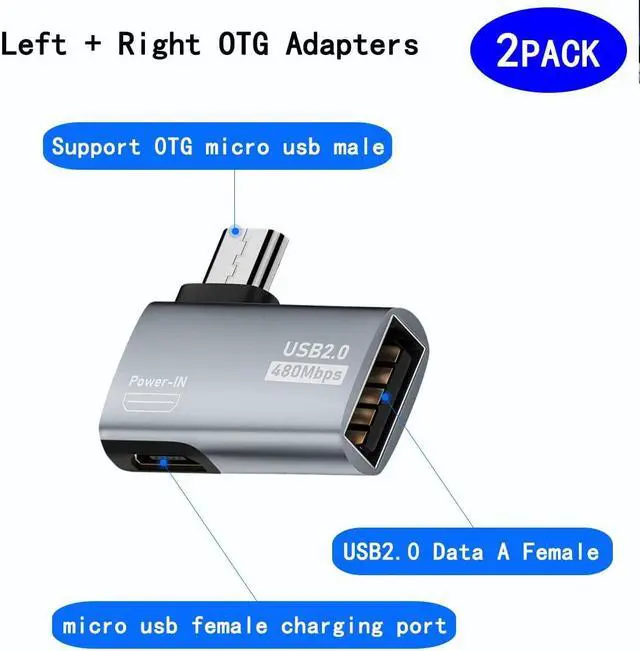 Alt view image 2 of 5 - 2-in-1 Powered Micro USB OTG Adapter 90 Degree Right Angled with Micro USB Power Charging Port 2 Pack