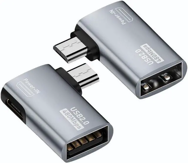 Main image of 2-in-1 Powered Micro USB OTG Adapter 90 Degree Right Angled with Micro USB Power Charging Port 2 Pack